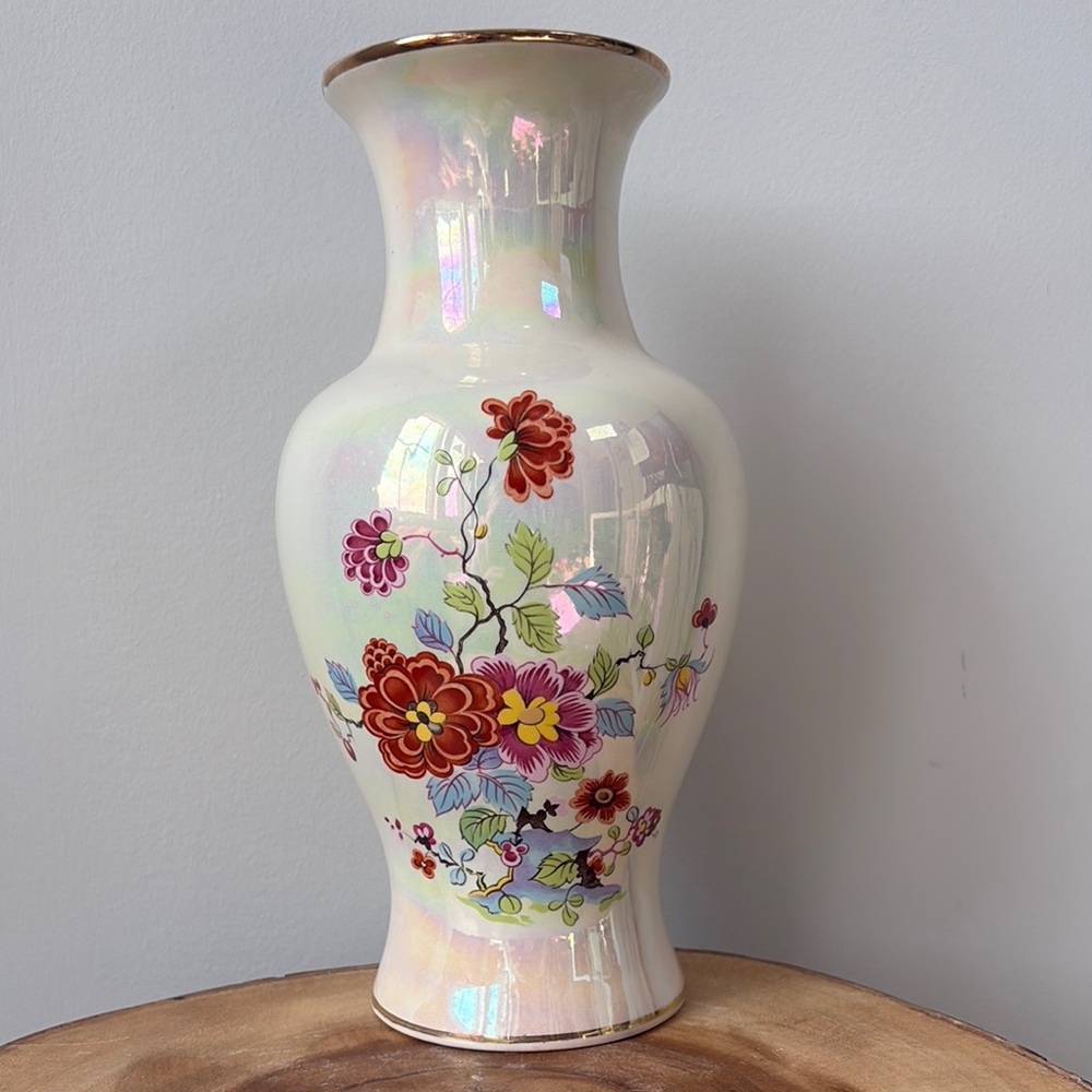 Iridescent Cream Floral Ceramic Vase with Multicolor Blooms